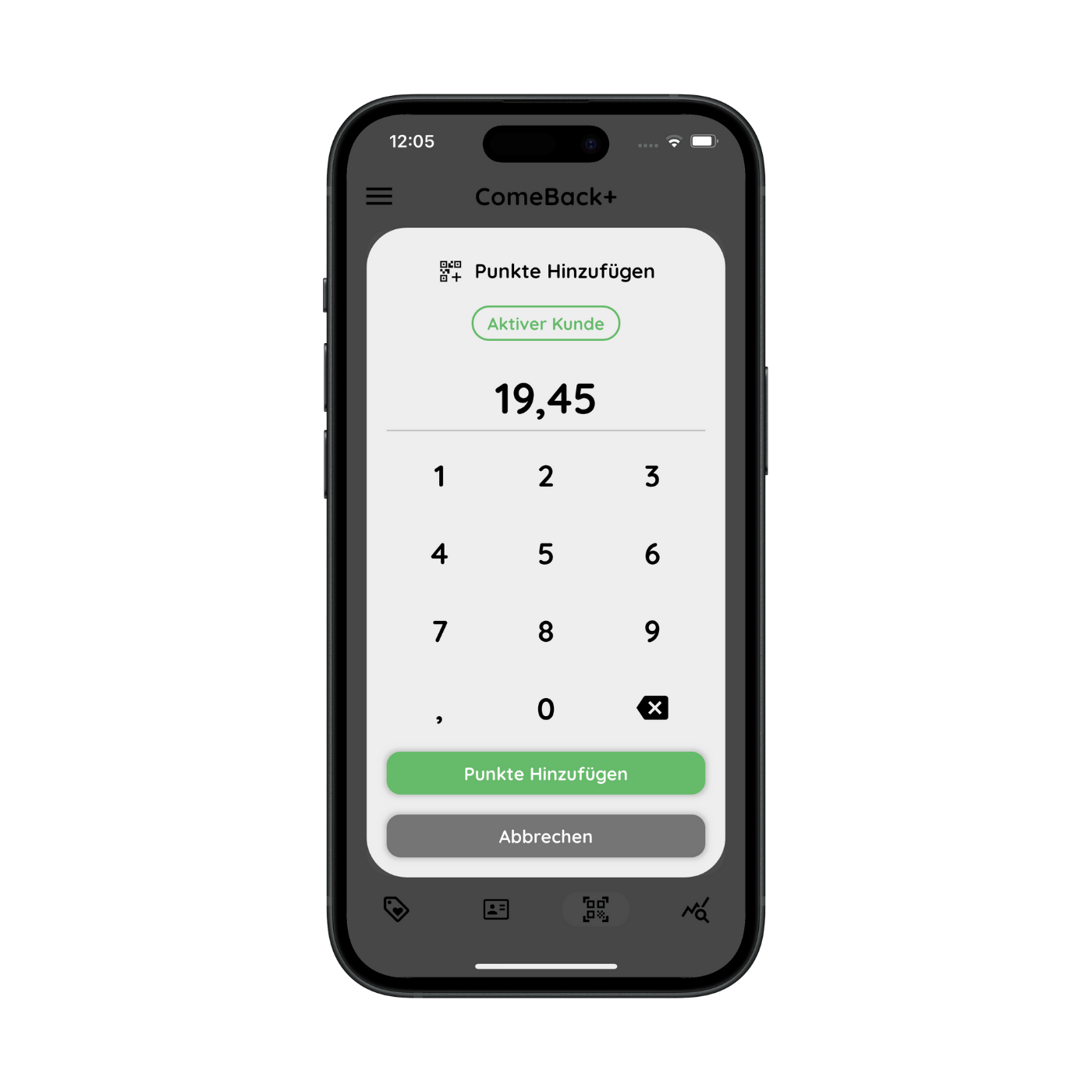 1_Punkt_verteilen Smartphone mit digitaler Unternehmenskarte und Kundenkarte für Bonussystem, Coupons, Retterangebote und Verlauf